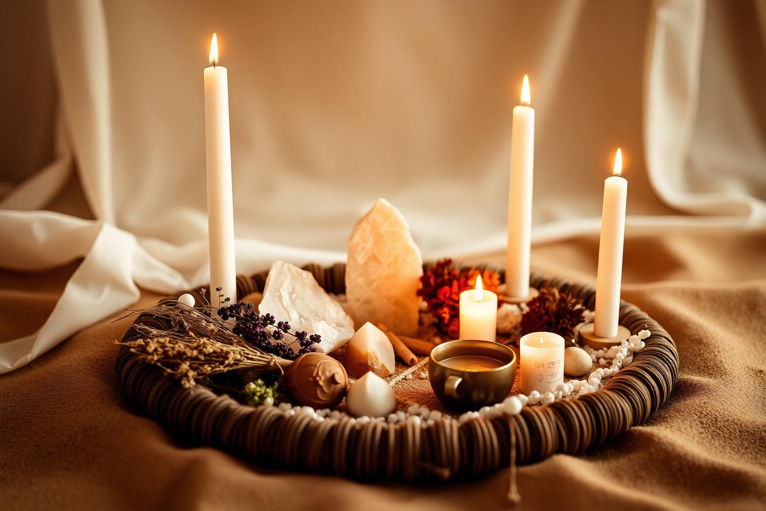 Altar sagrado com velas, cristais e cacau