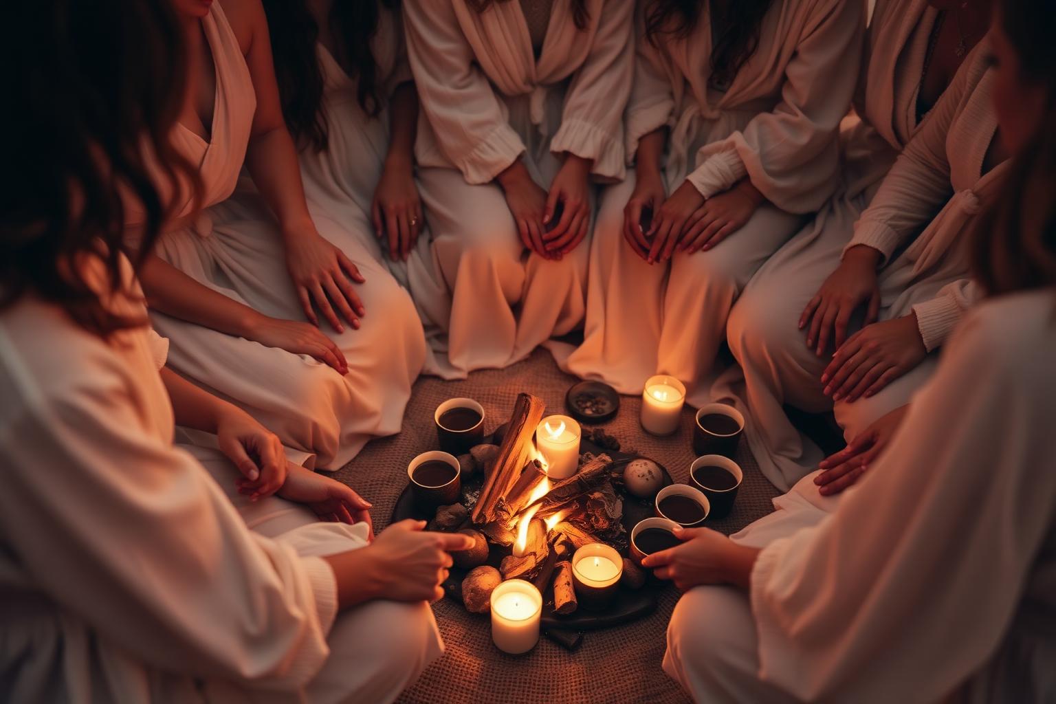 Círculo de mulheres reunidas em encontro de espiritualidade feminina