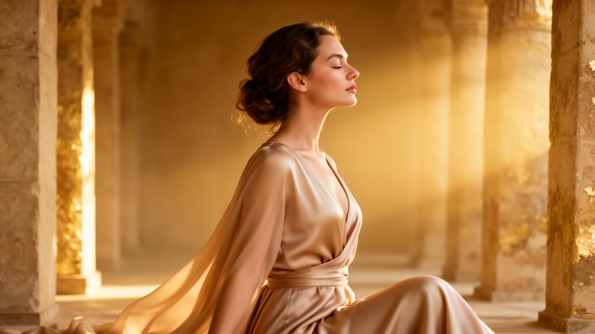 Mulher em meditação, banhada por luz dourada — templo feminino contemporâneo